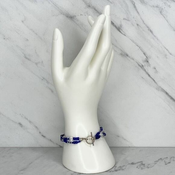 Blue and Clear Beaded Double Strand Silver Tone Toggle Bracelet - Picture 2 of 6